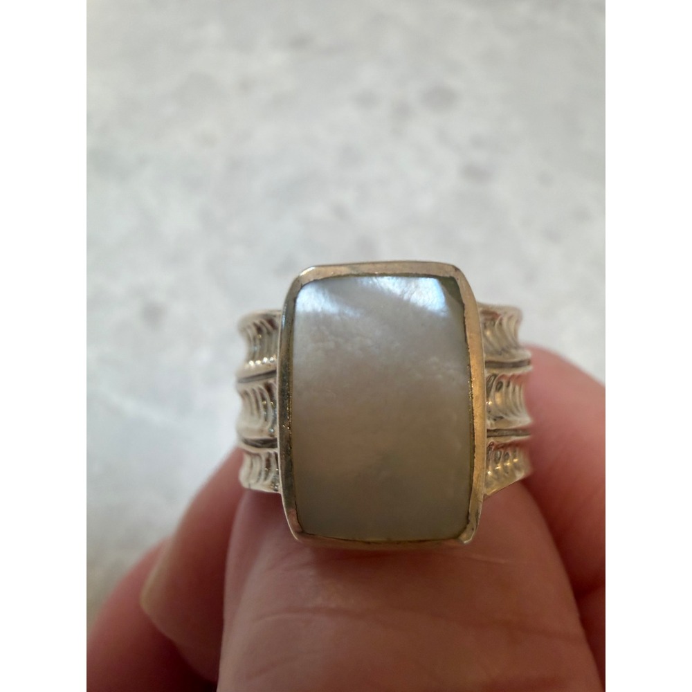 925 Sterling Silver Mother of Pearl Statement Ring LFT Thai Textured Band Size 7